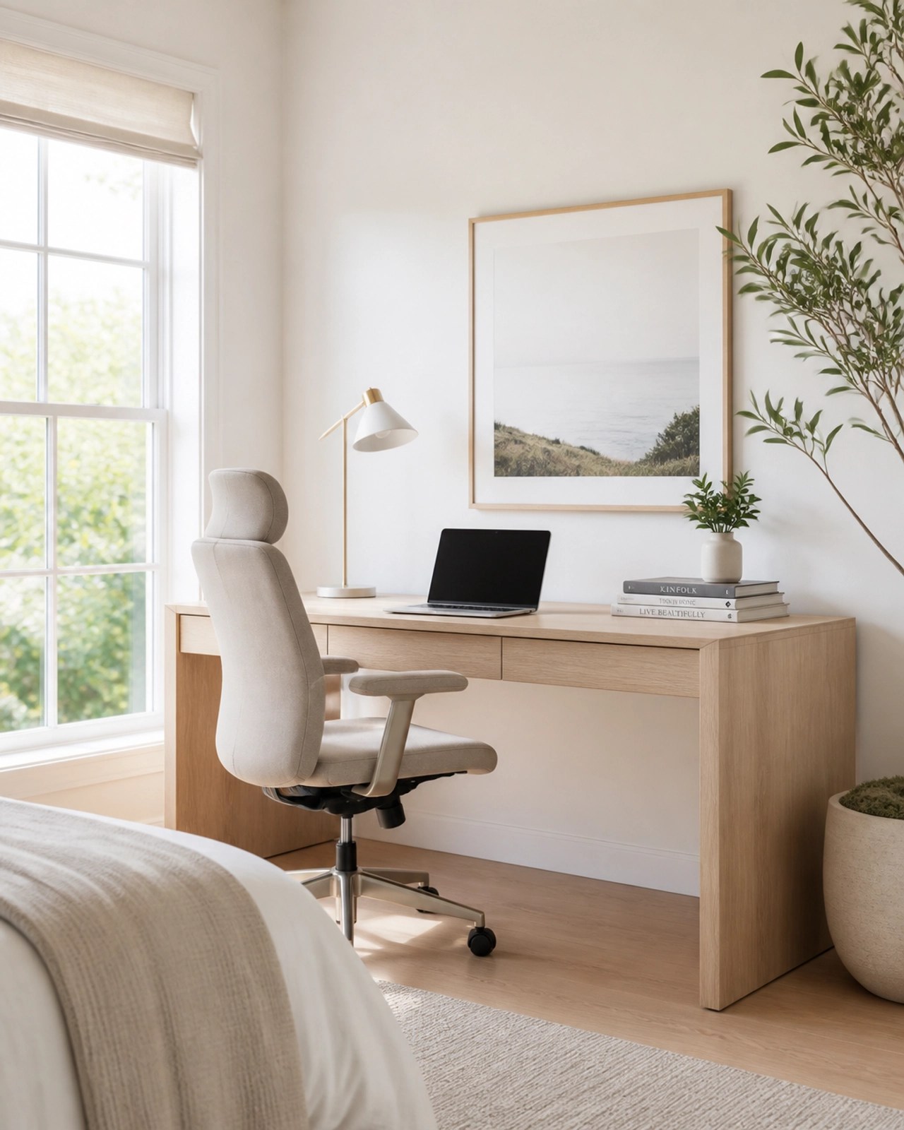 An aesthetic, minimalist home office corner within a sunlit bedroom, representing a functional guest space.