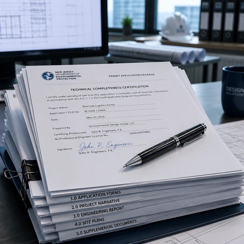 A stack of NJ DEP permit application documents with a 'Technical Completeness' form, symbolizing a successfully navigated regulatory process.
