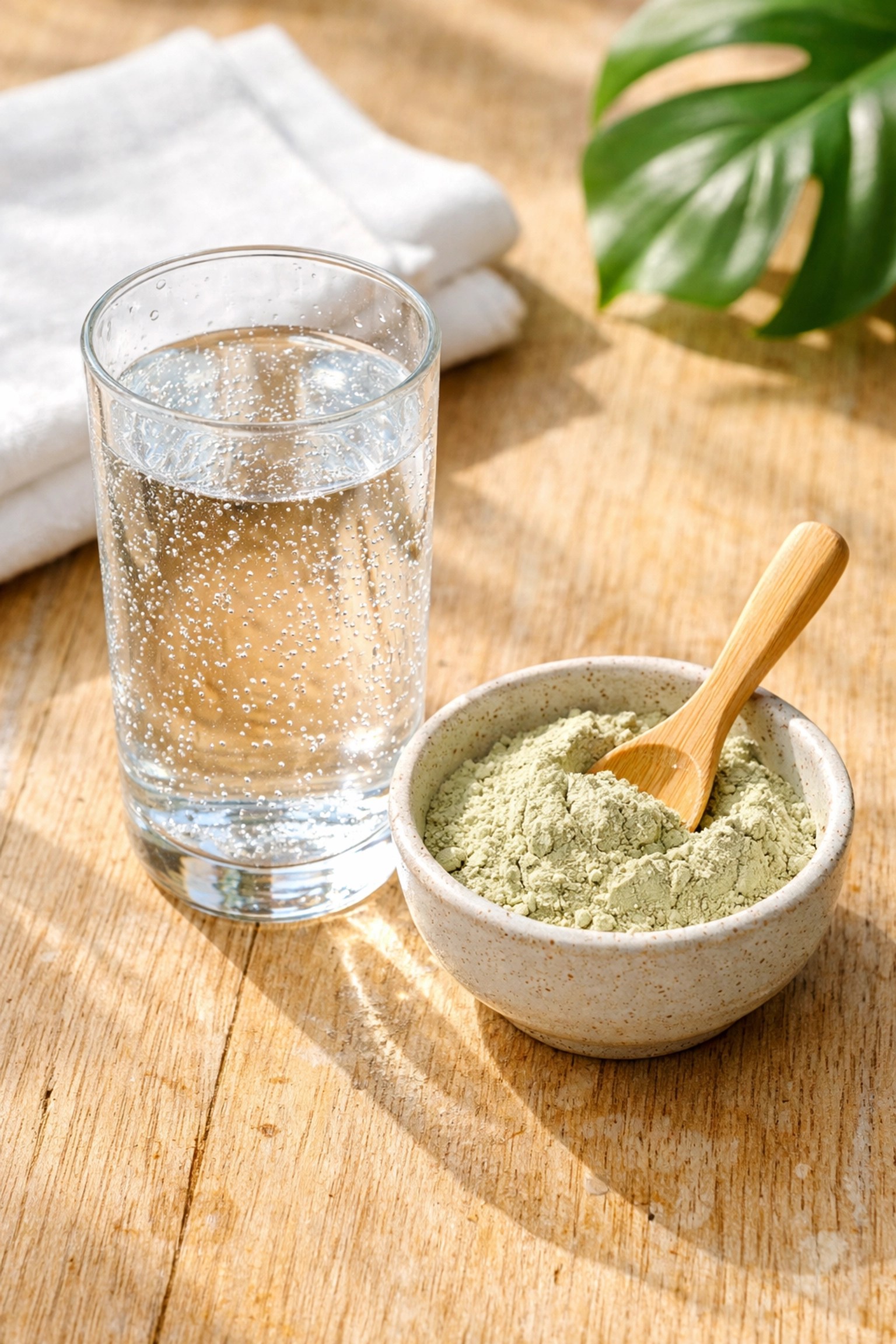 A glass of water next to a bowl of food grade clay powder for a daily morning detox ritual.