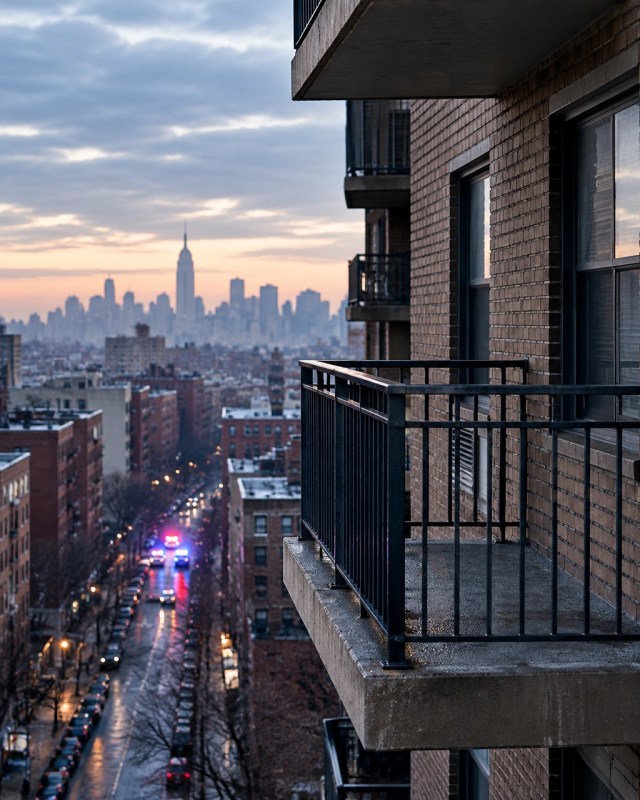 Empty Bronx apartment balcony above a city street during the investigation