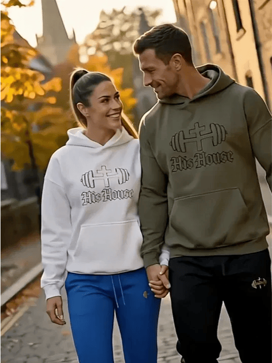 Couple wearing coordinated faith-based apparel outdoors