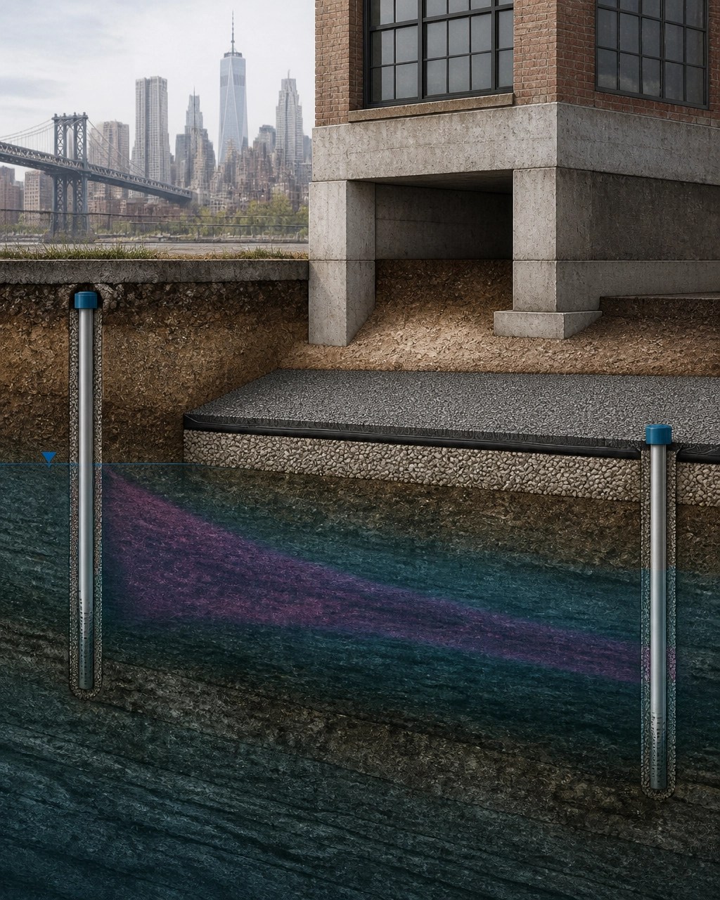 Technical cross-section showing PFAS plume migration beneath an urban building and an engineered barrier