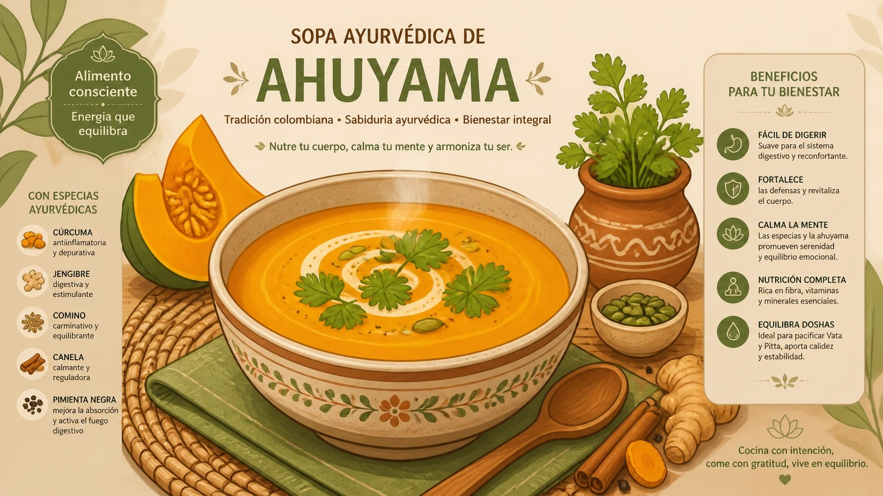 Sopa reconfortante de ahuyama con especias y hierbas frescas
