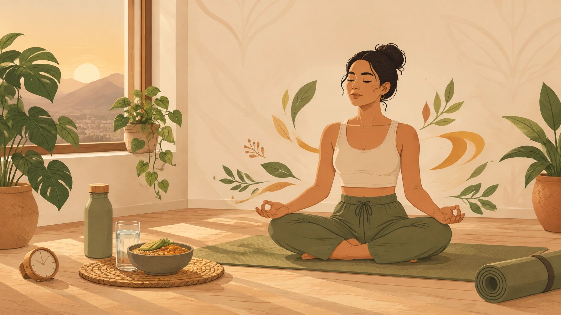 Ilustración de una rutina serena al amanecer con comida tibia, respiración, plantas y elementos naturales