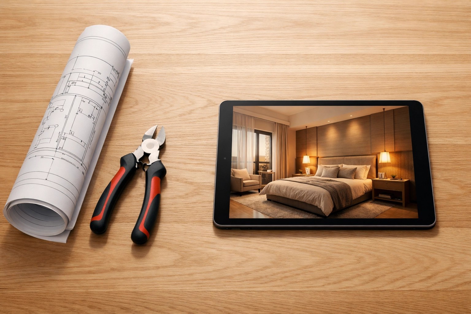Electrical blueprints next to a digital residential lighting design plan on a modern oak desk.