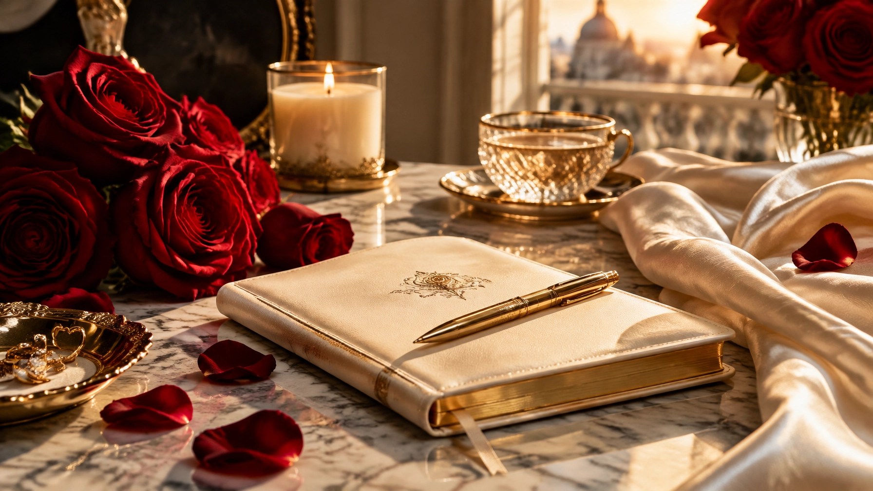 Luxurious marble and velvet morning ritual scene with red roses, journal, and feminine energy for manifesting love dating advice for women