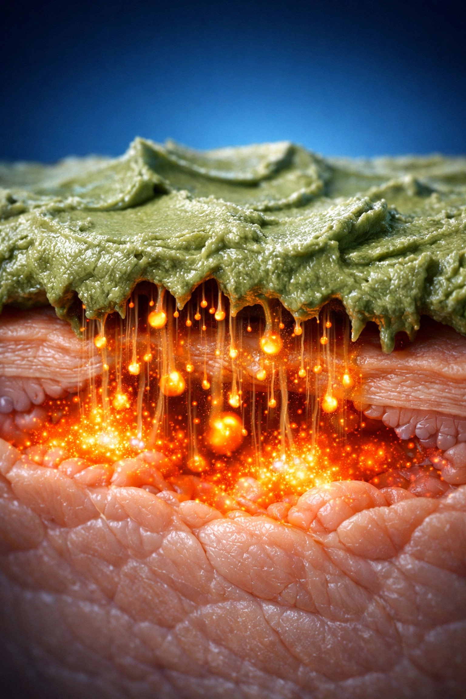 Green clay drawing out muscle inflammation for natural deep heat pain relief.