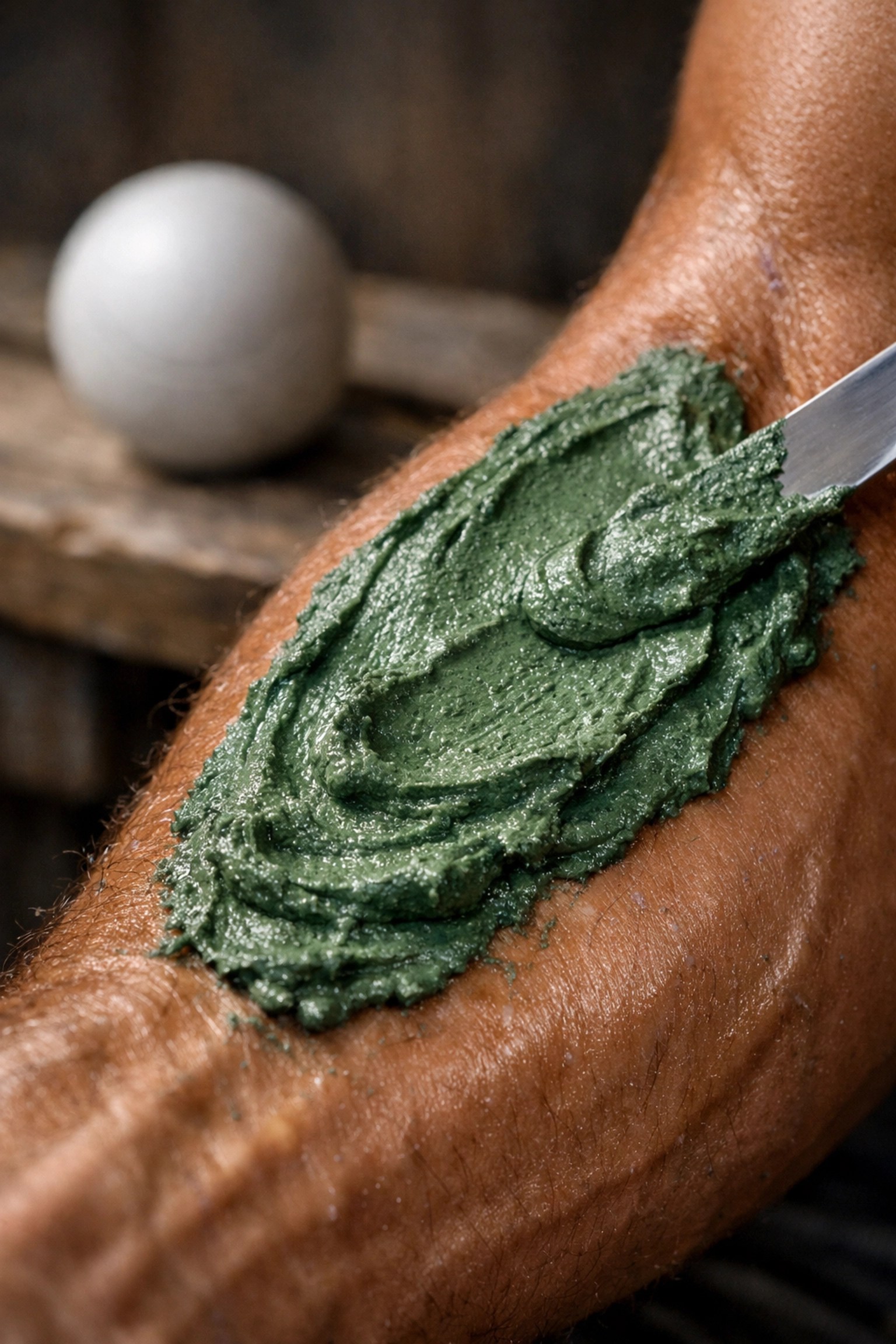 French green clay applied to a lacrosse player's forearm to speed up muscle recovery.