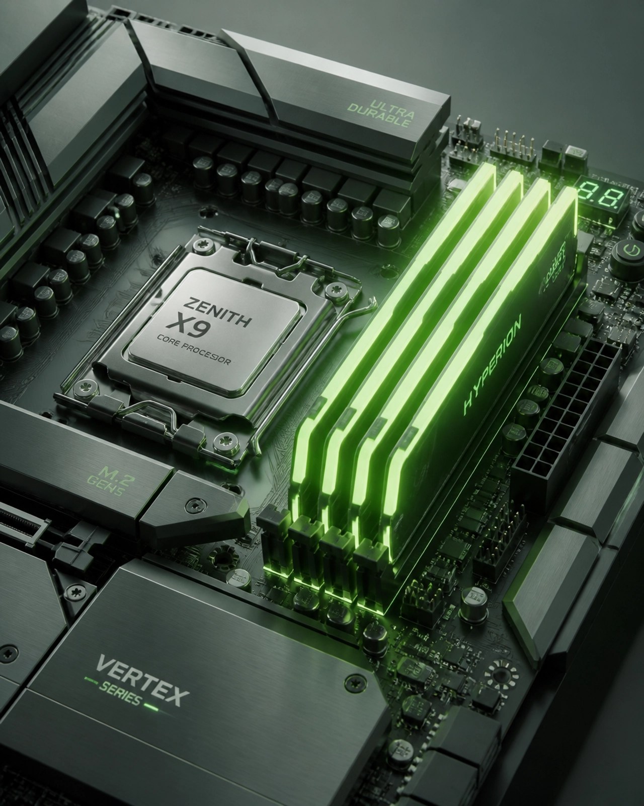 A detailed 3D illustration of a motherboard with a glowing processor and RAM modules, highlighting the importance of choosing high-quality internal hardware.
