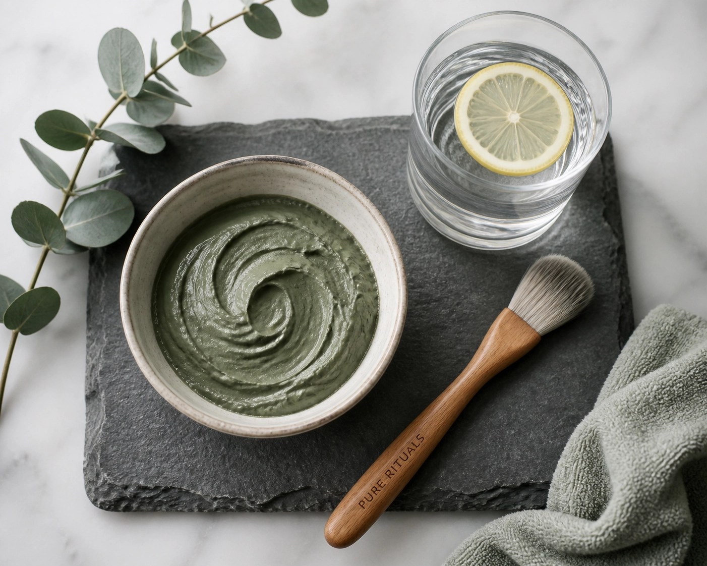Bowl of smooth French green clay paste and application brush in a natural spa setting.