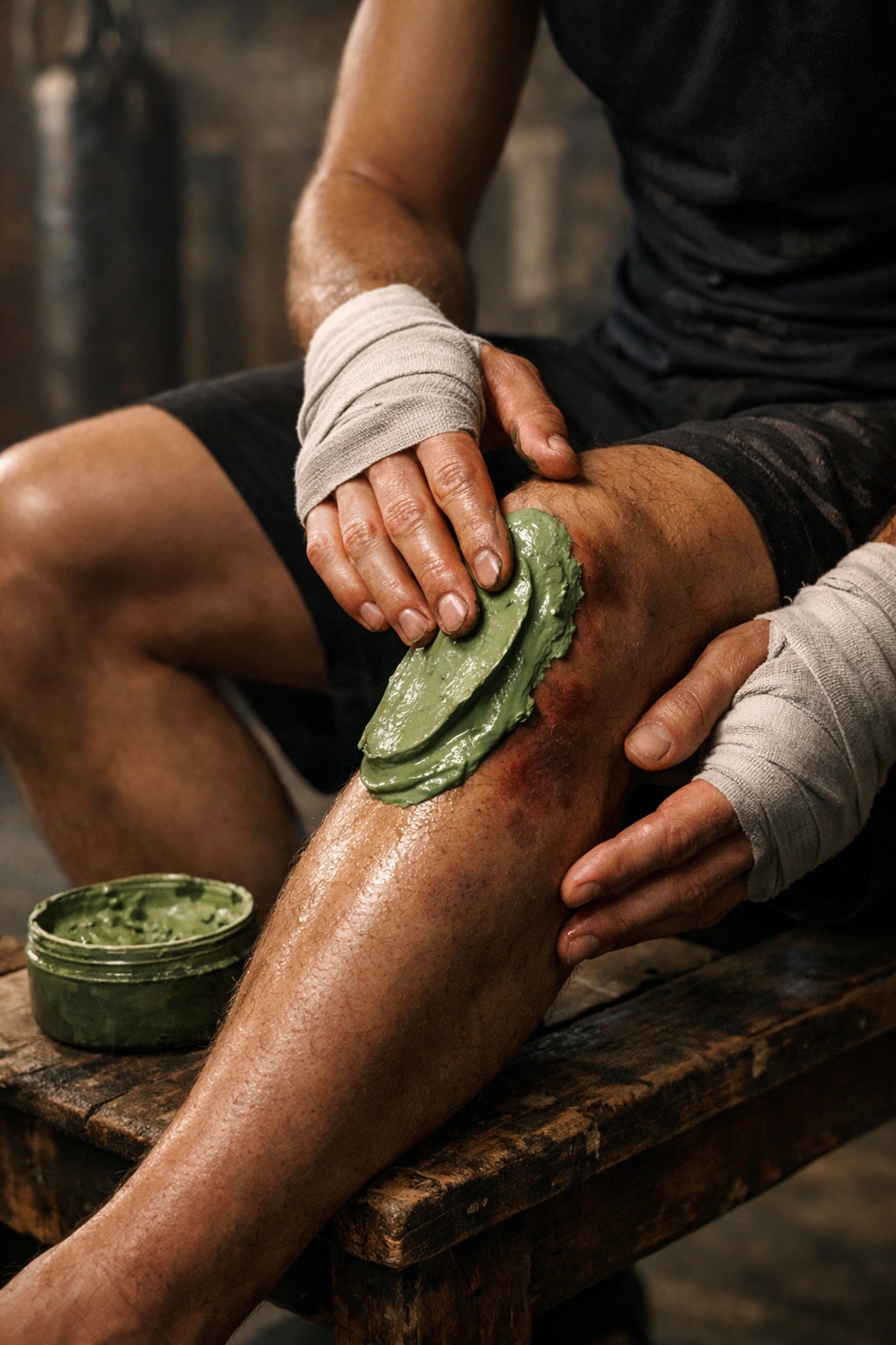 Martial artist applying green healing clay to a bruised shin for professional fighter recovery.
