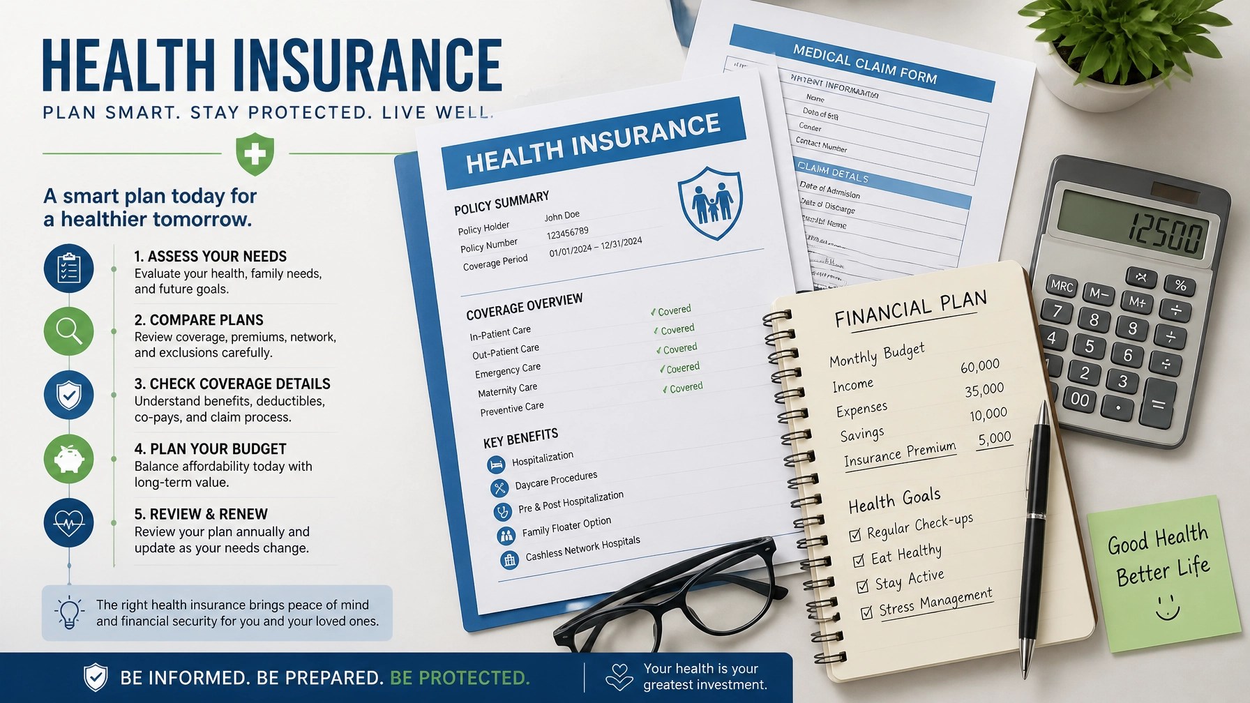 Health insurance documents and financial planning notes
