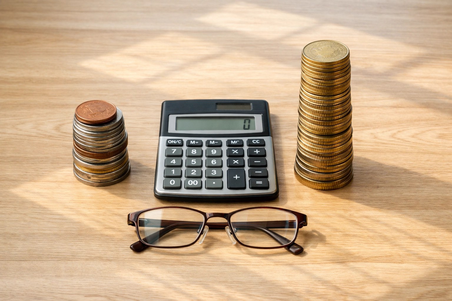 Two coin stacks comparing MYGA versus CD growth rates with calculator for retirement
