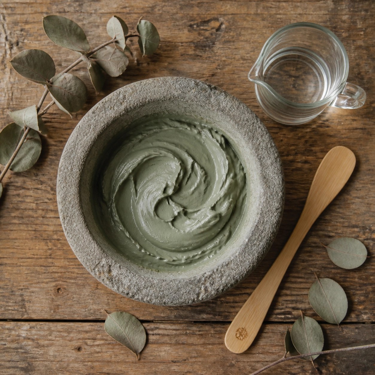 Natural French green clay paste mixed in a stone bowl for sports injury and skin recovery.