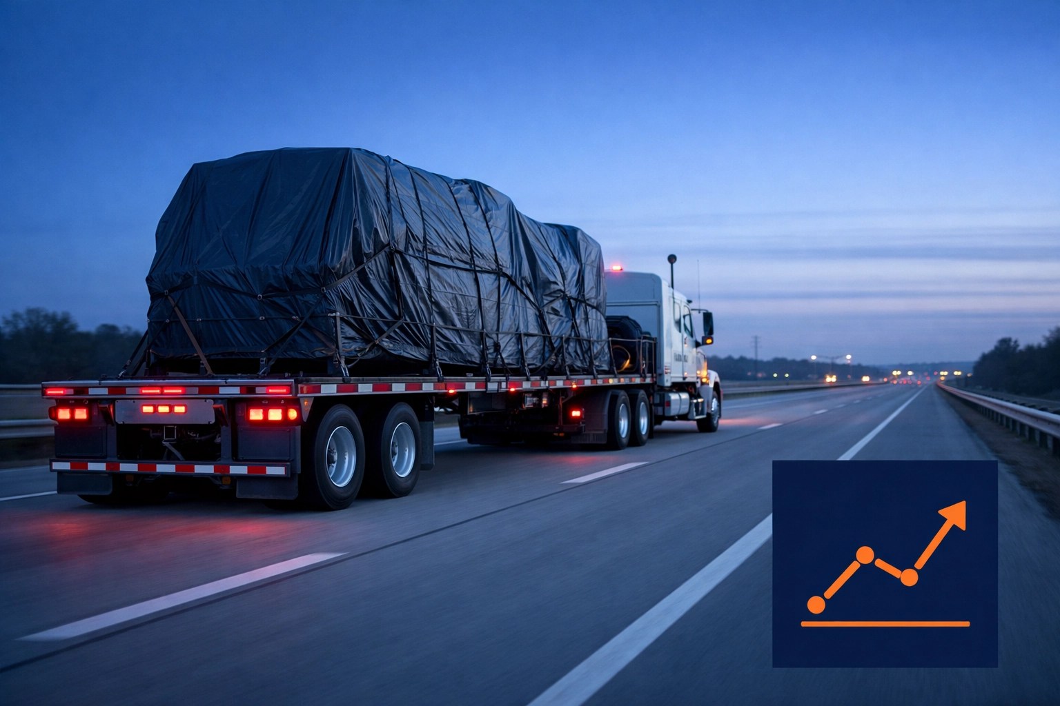 Flatbed truck hauling heavy industrial machinery on a highway, symbolizing transport stability.