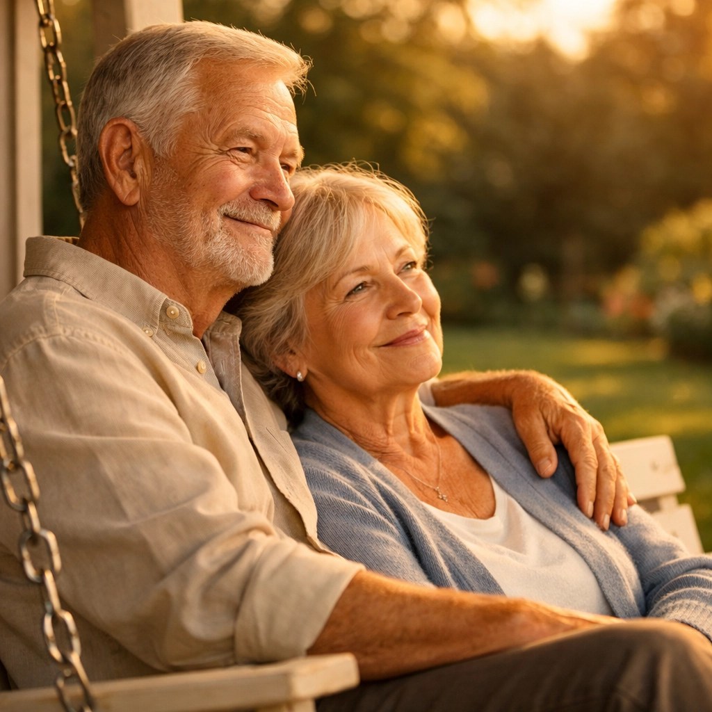 Elderly couple on a porch swing feeling relieved after securing final expense insurance for their family.
