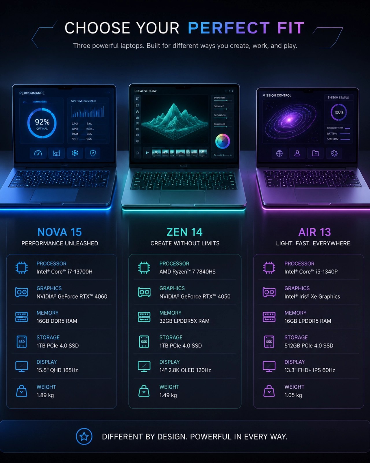 Comparative look at three sleek laptops with neon glowing elements