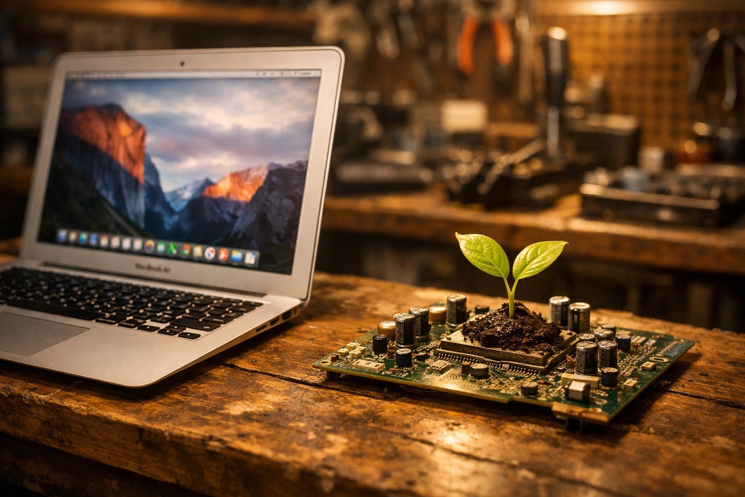 A 2011 MacBook Air on a repair workbench with a sprout growing from a circuit board, symbolizing tech revival.