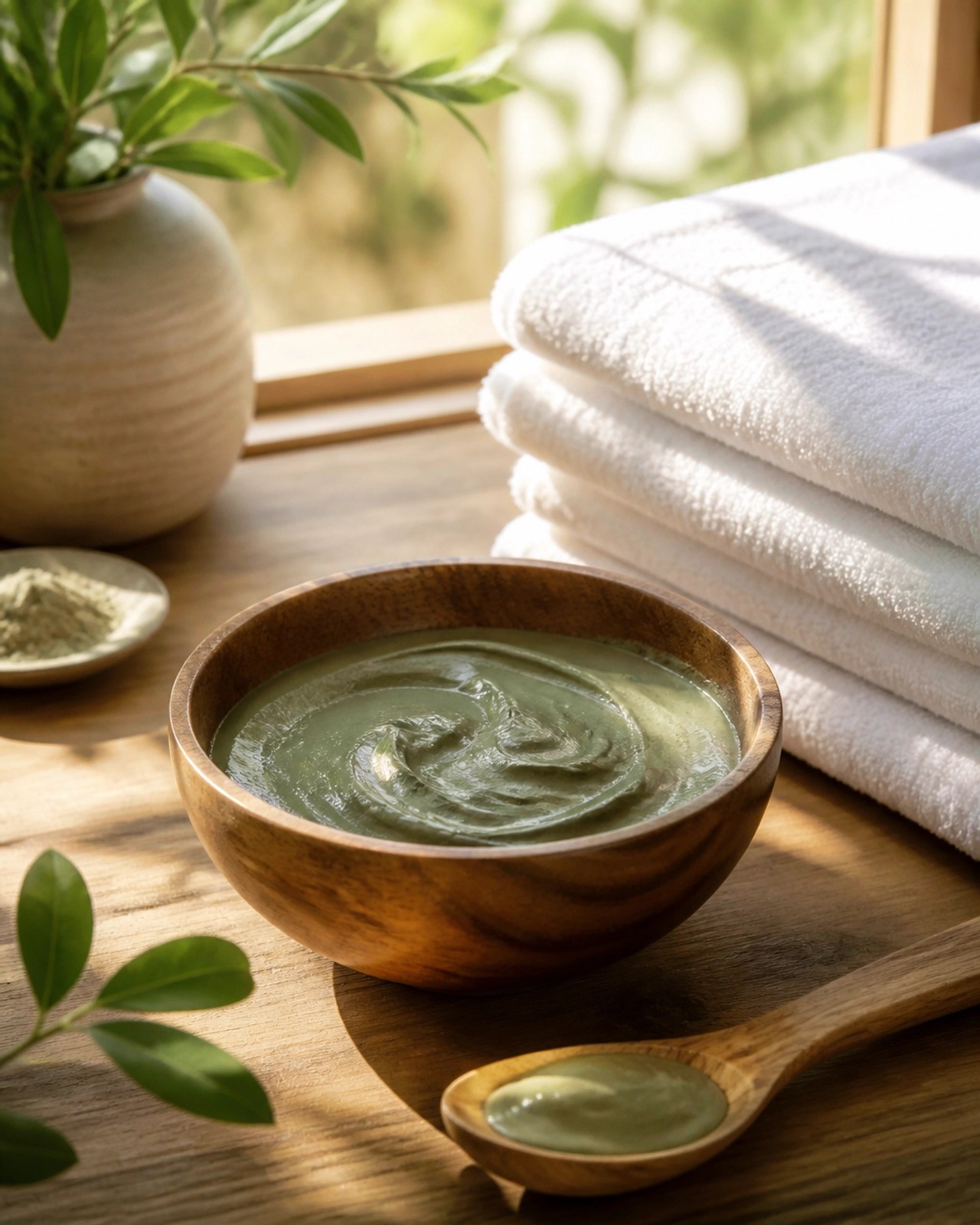 A peaceful setting for preparing a French Green Clay paste with natural tools