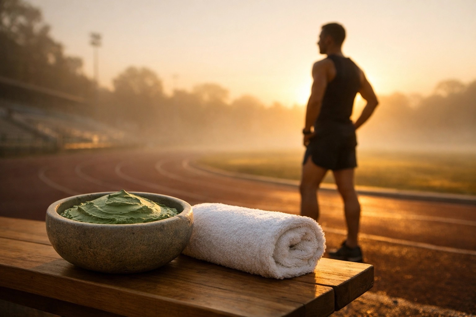 Professional runner at a track with natural green healing clay for optimal athletic recovery and performance.