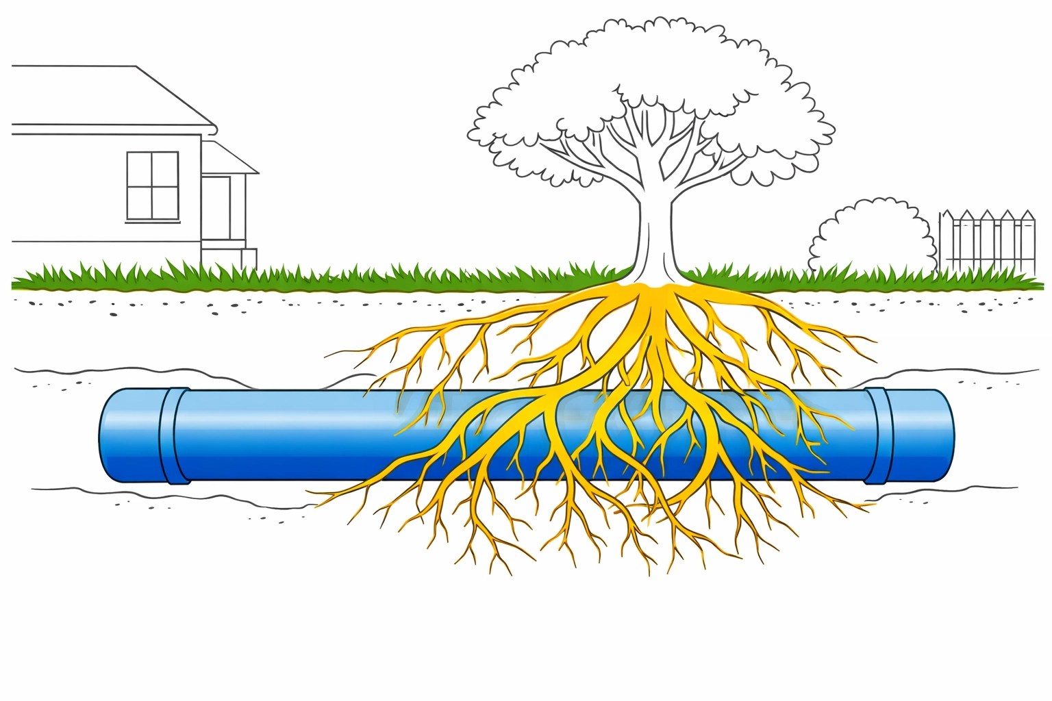 Tree roots infiltrating underground sewer pipe beneath DFW property yard