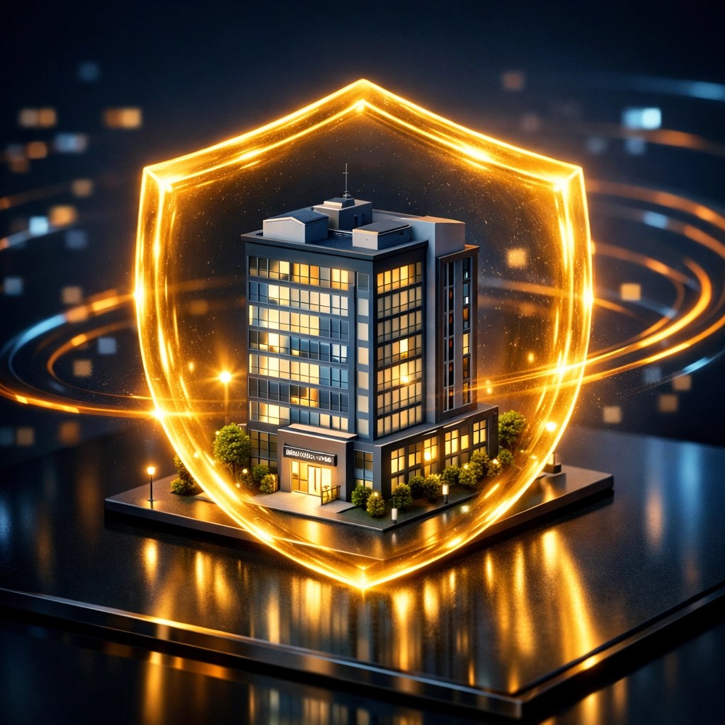 A golden protective shield around an office building symbolizing cyber insurance coverage.
