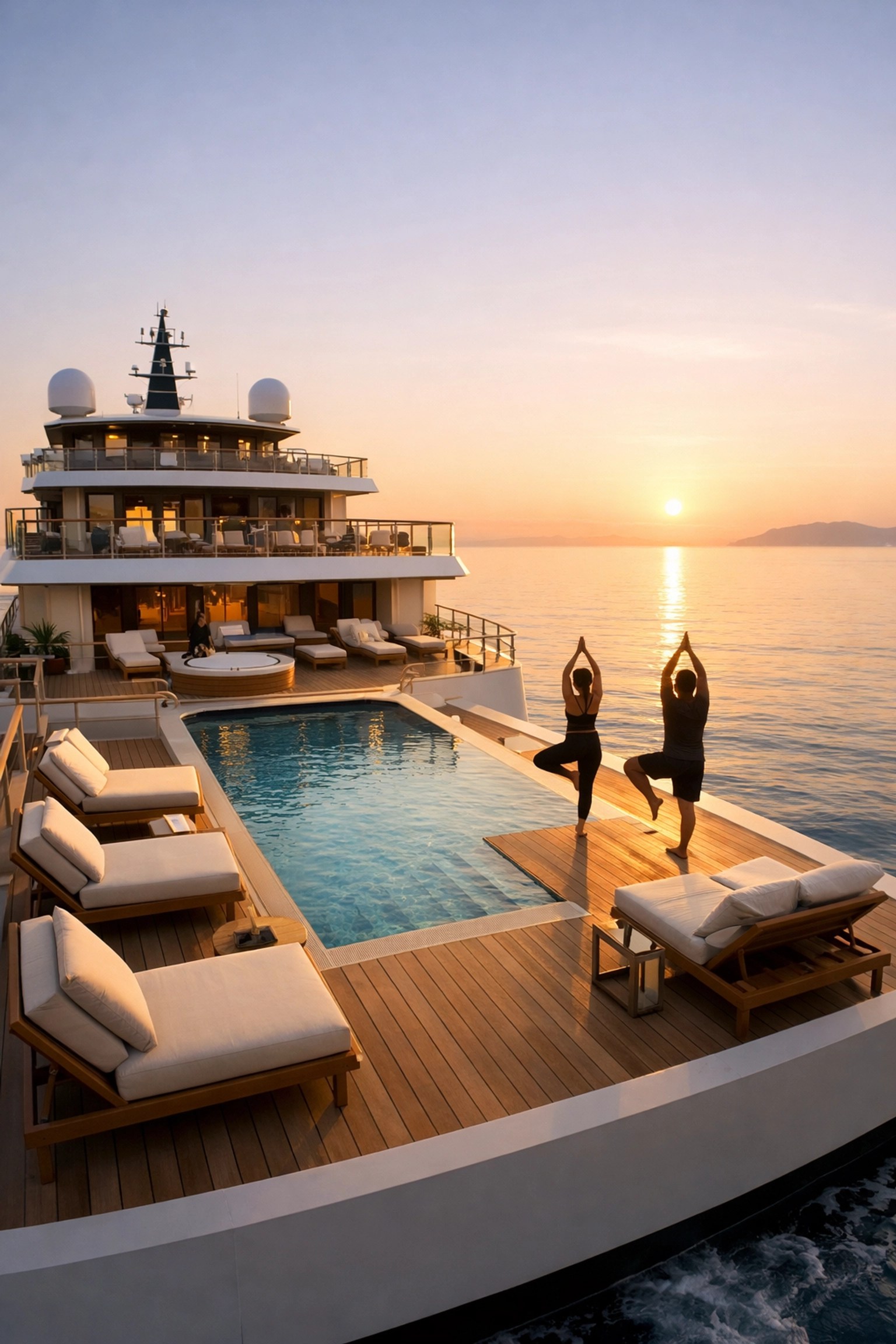Modern luxury cruise ship deck at sunset with a serene infinity pool and yoga on Explora Journeys.