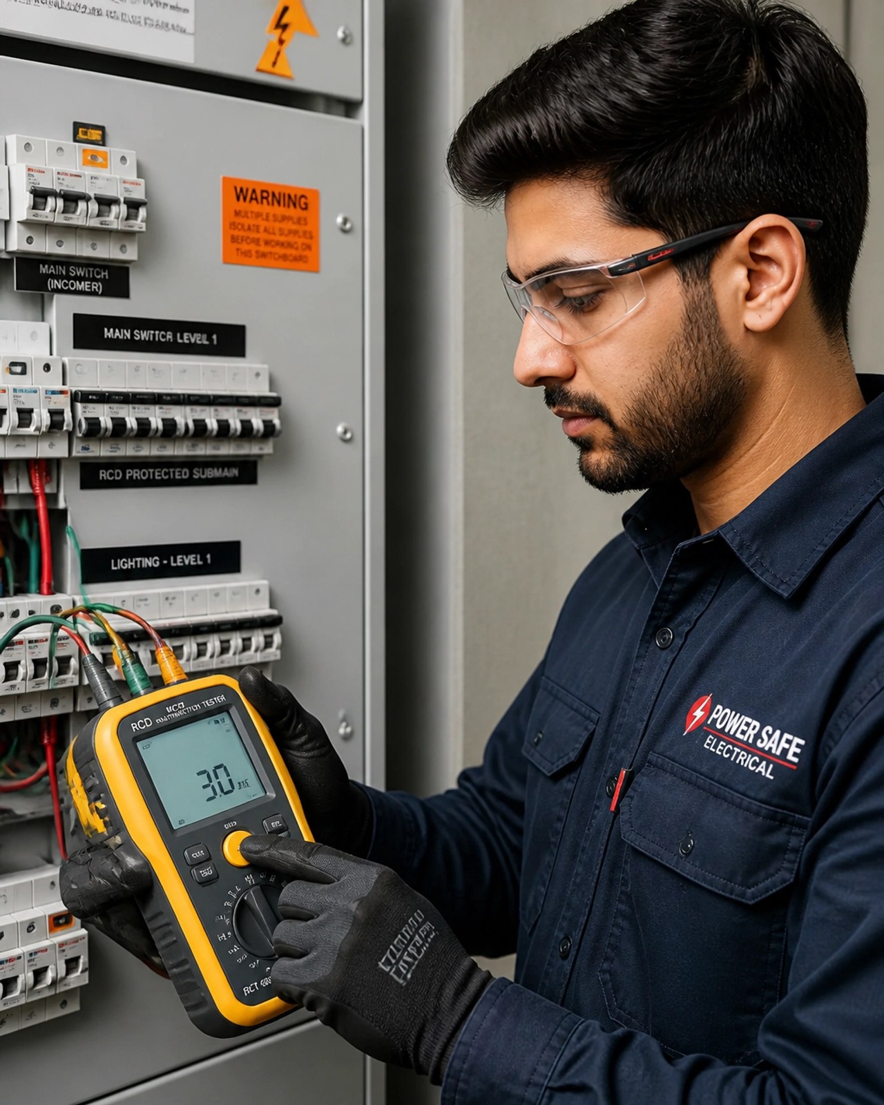 Technician performing an RCD safety switch test with a digital meter