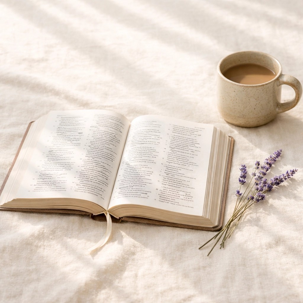 Open Bible on a cream linen tablecloth with lavender, representing being rooted in God's Word for hard decisions.