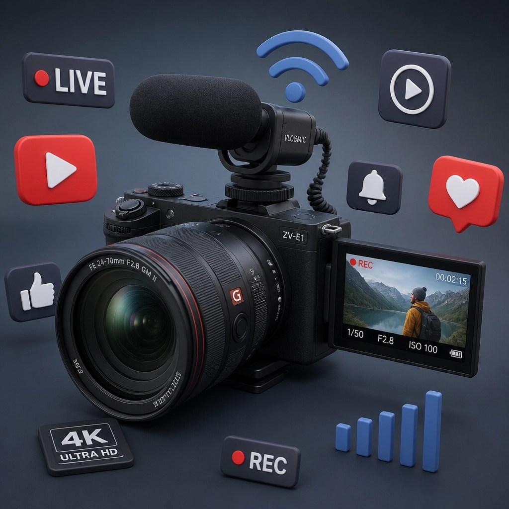 3D illustration of a professional vlogging camera with floating media icons