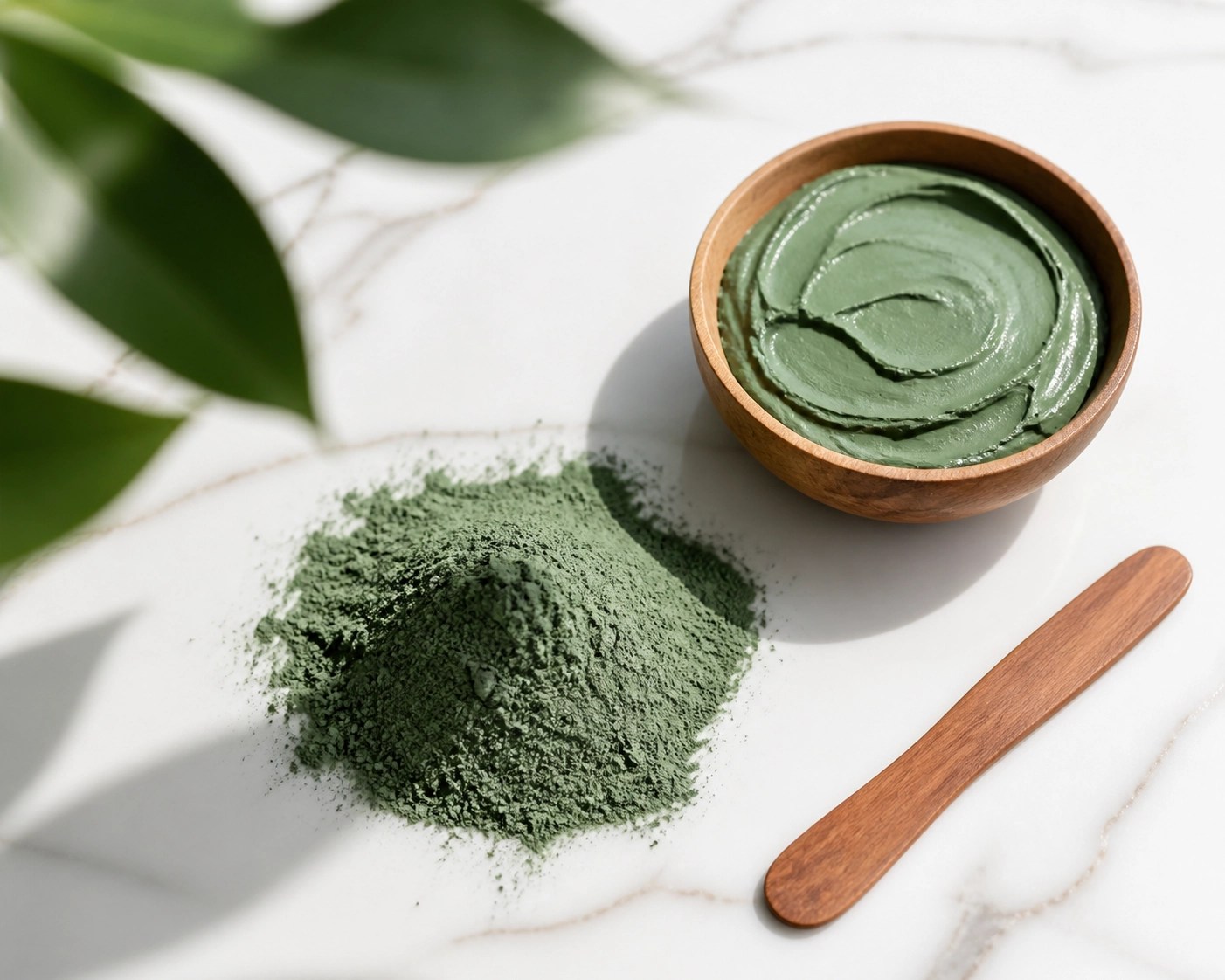 Premium French green clay powder and smooth detox paste in a wooden bowl for natural healing and sports recovery.