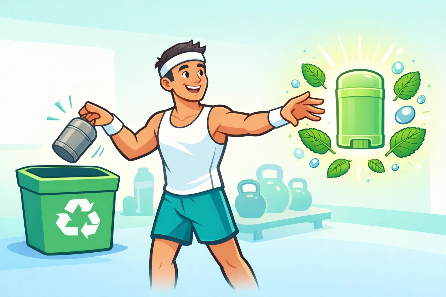 CrossFit athlete in a gym switching to a fresh natural deodorant for an active lifestyle.