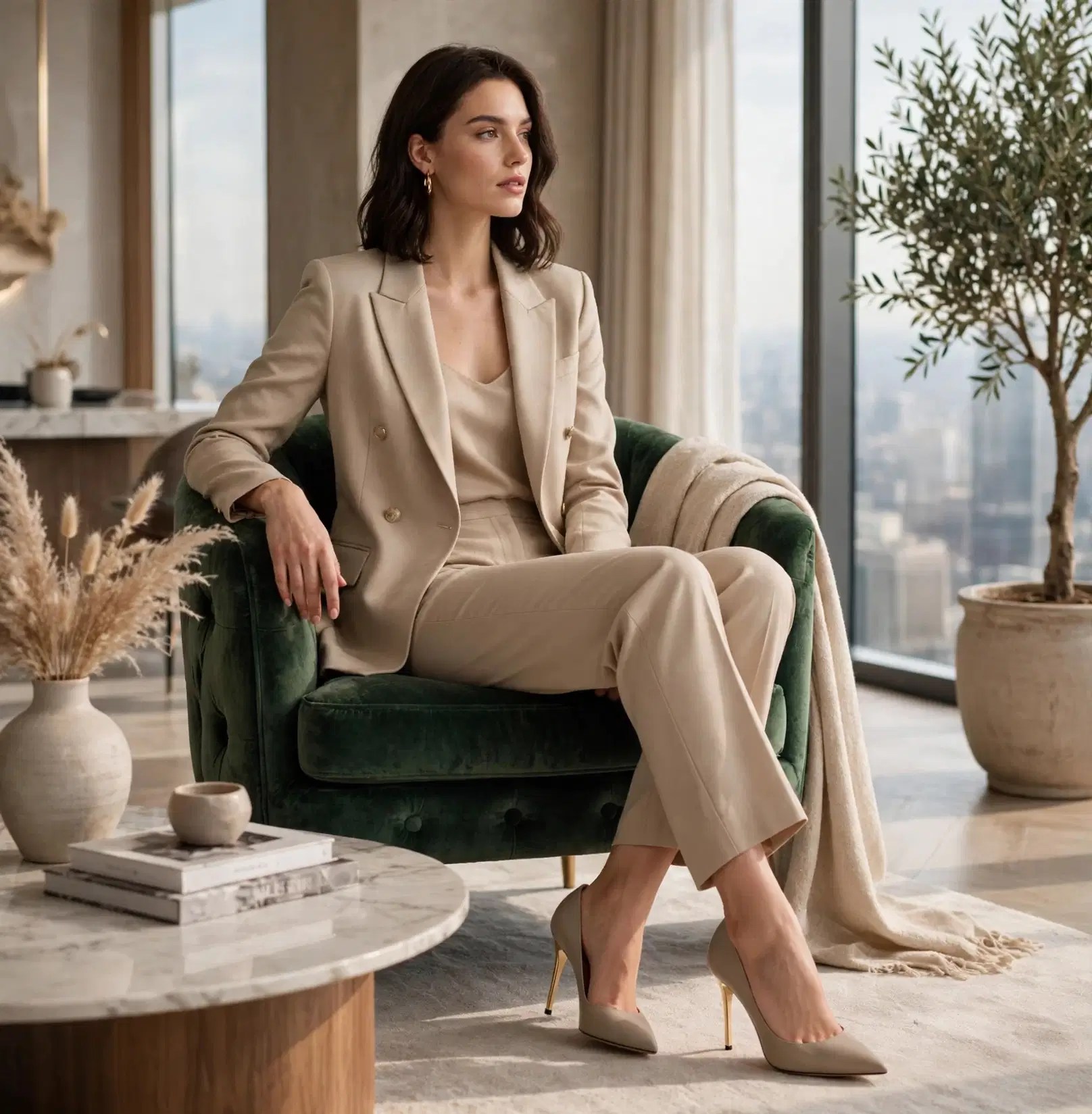 Marcella tailored stiletto heels paired with a neutral power suit