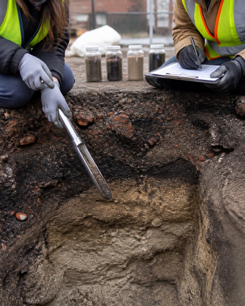 Field sampling at an urban test pit showing historic fill above lighter native soil