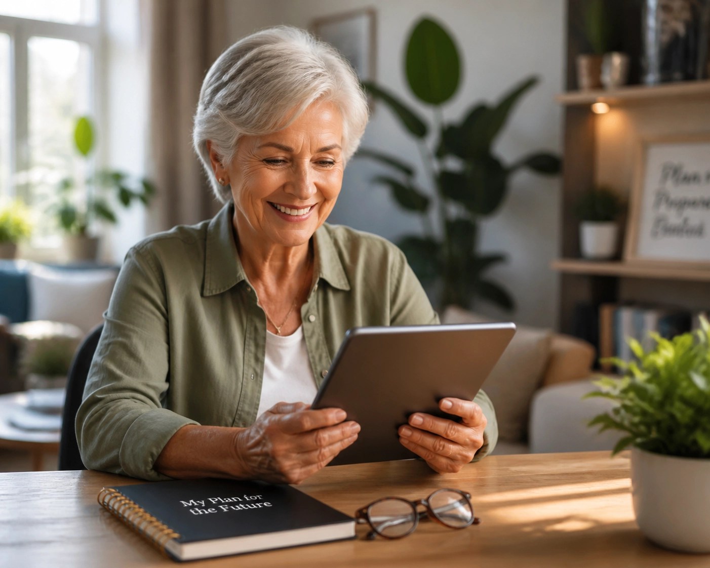 Empowered senior woman planning her 2026 Medicare coverage using a digital tablet in a sunny home office.