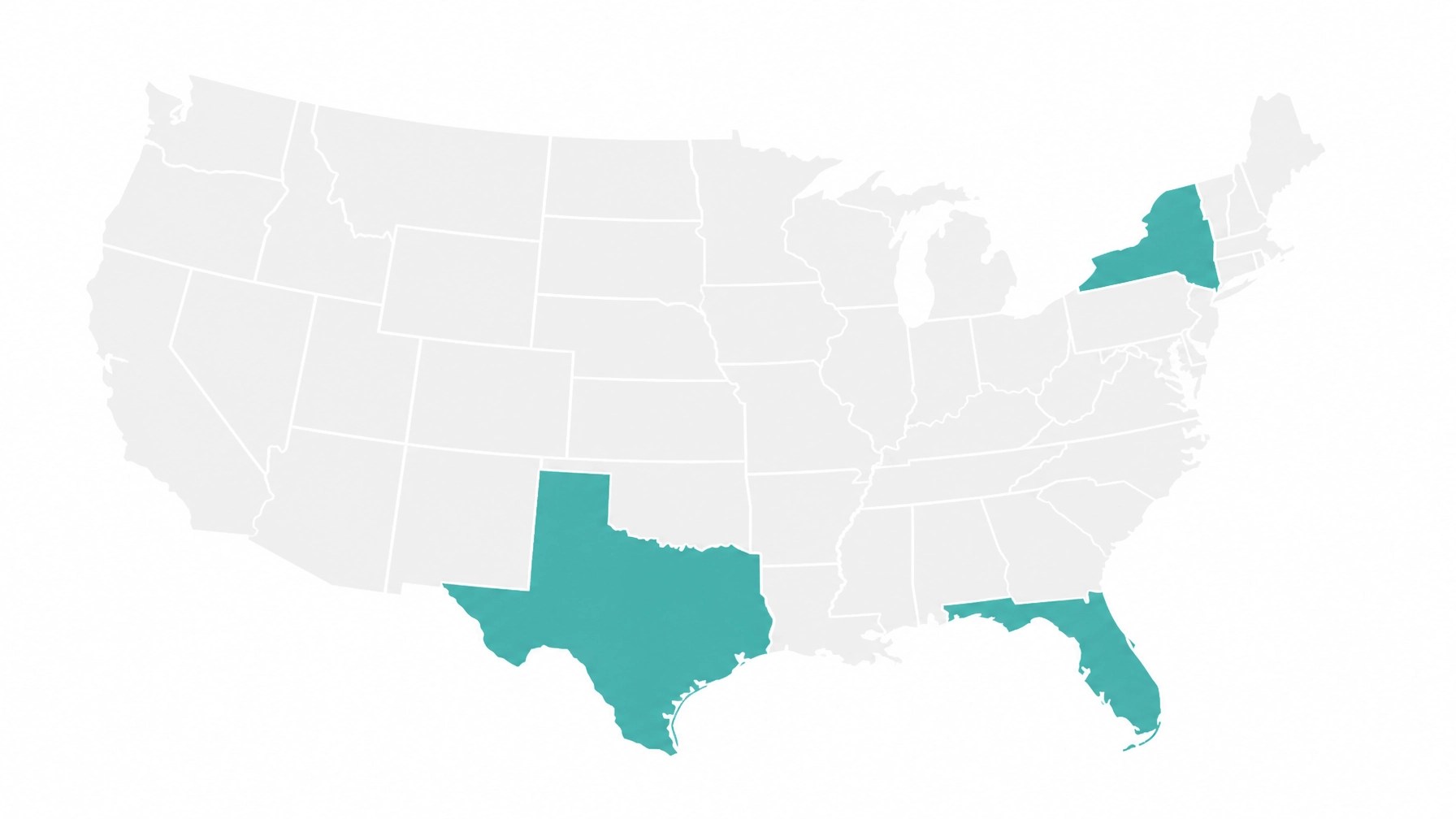Flat US map illustration with Florida, Texas, and New York State highlighted in teal