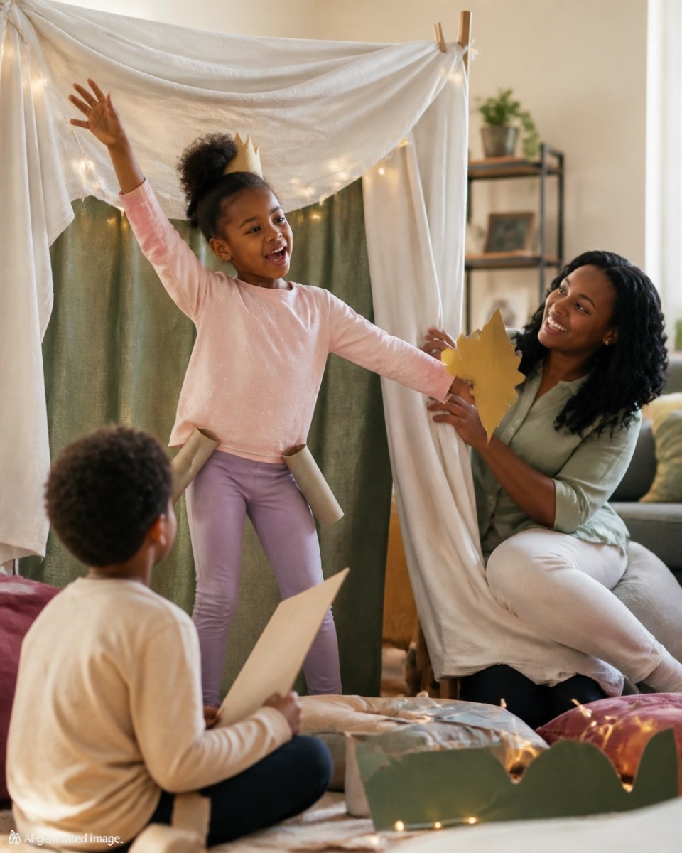 Fictional black parent and children creating a homemade theater stage together at home
