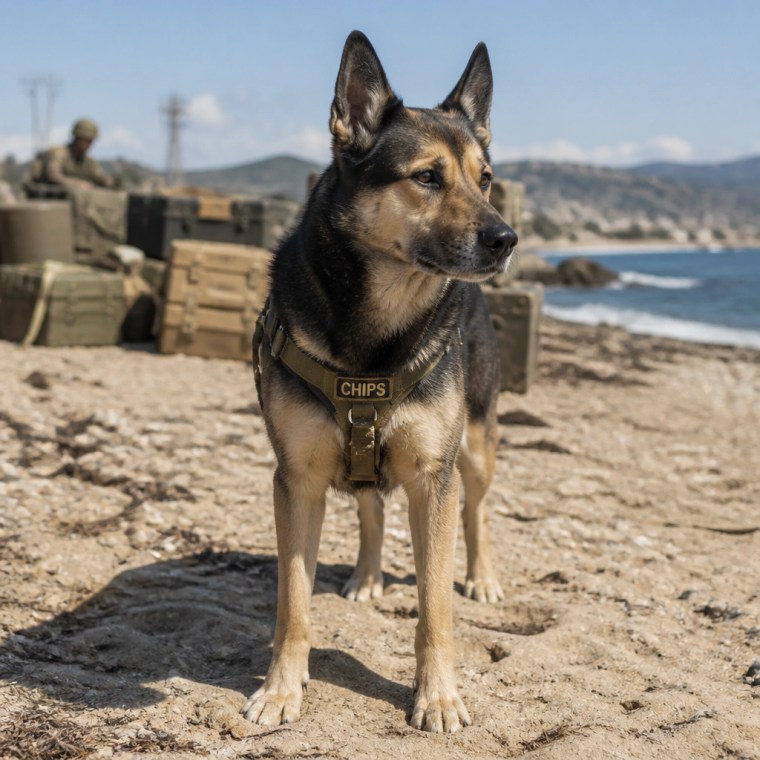 Chips, a German Shepherd mix, standing on a sunny beach in Sicily during WWII
