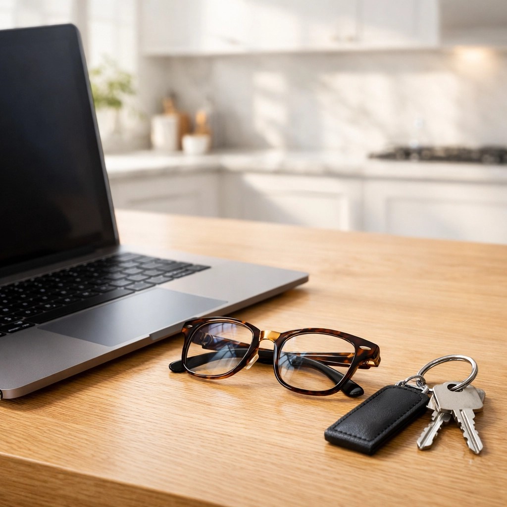 Modern home workspace with house keys, symbolizing expert real estate planning in Montgomery County.