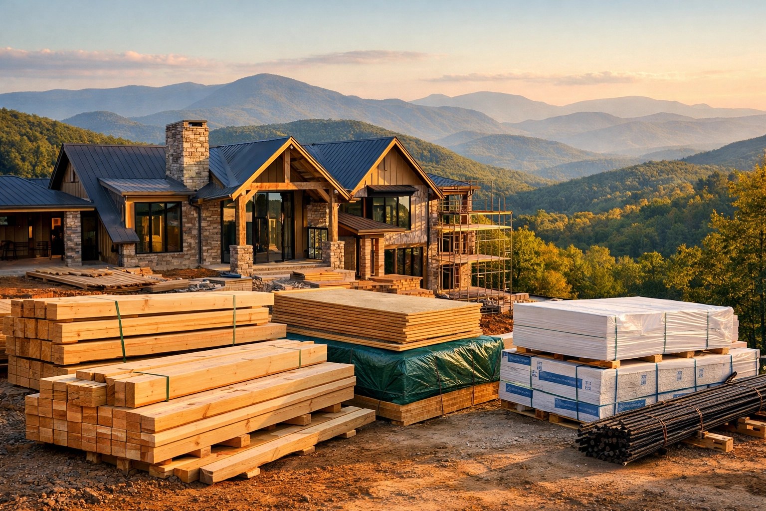 Luxury home under construction in the North Georgia foothills reflecting rising replacement costs.
