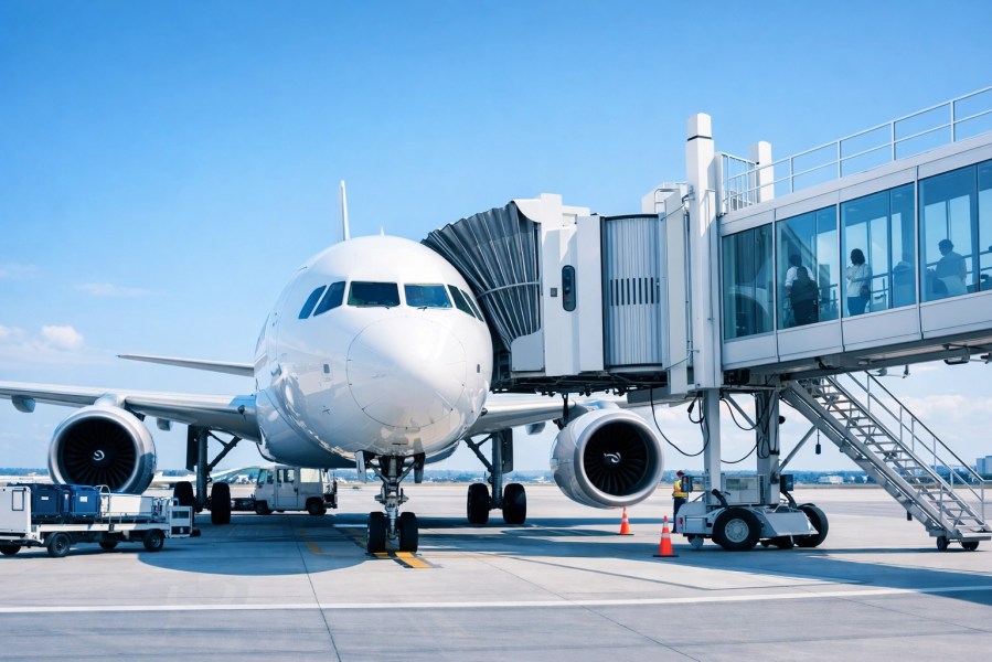 Passenger airplane boarding at airport with jet bridge