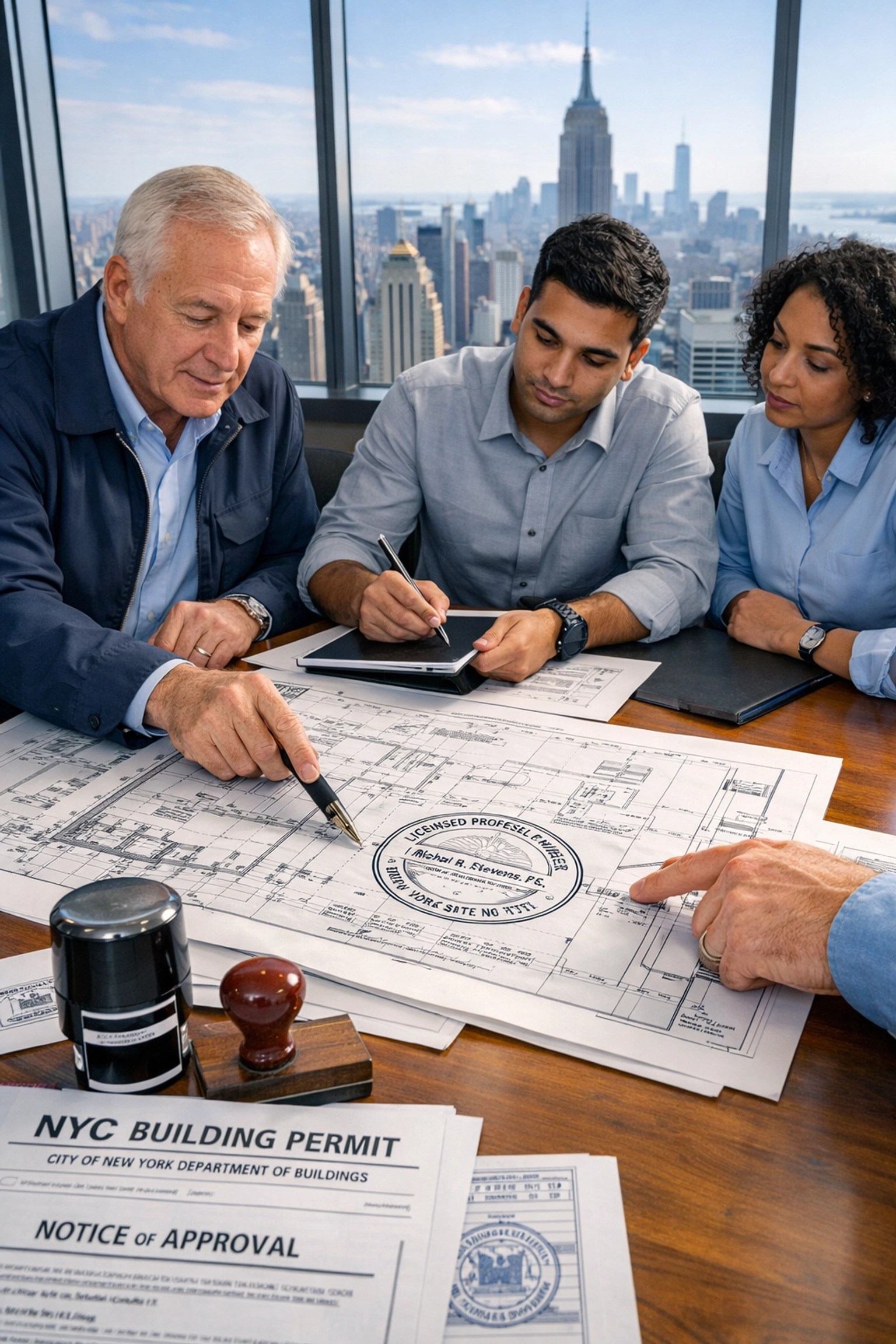 Engineers reviewing NYC E-Designation documents with PE stamps and building permits