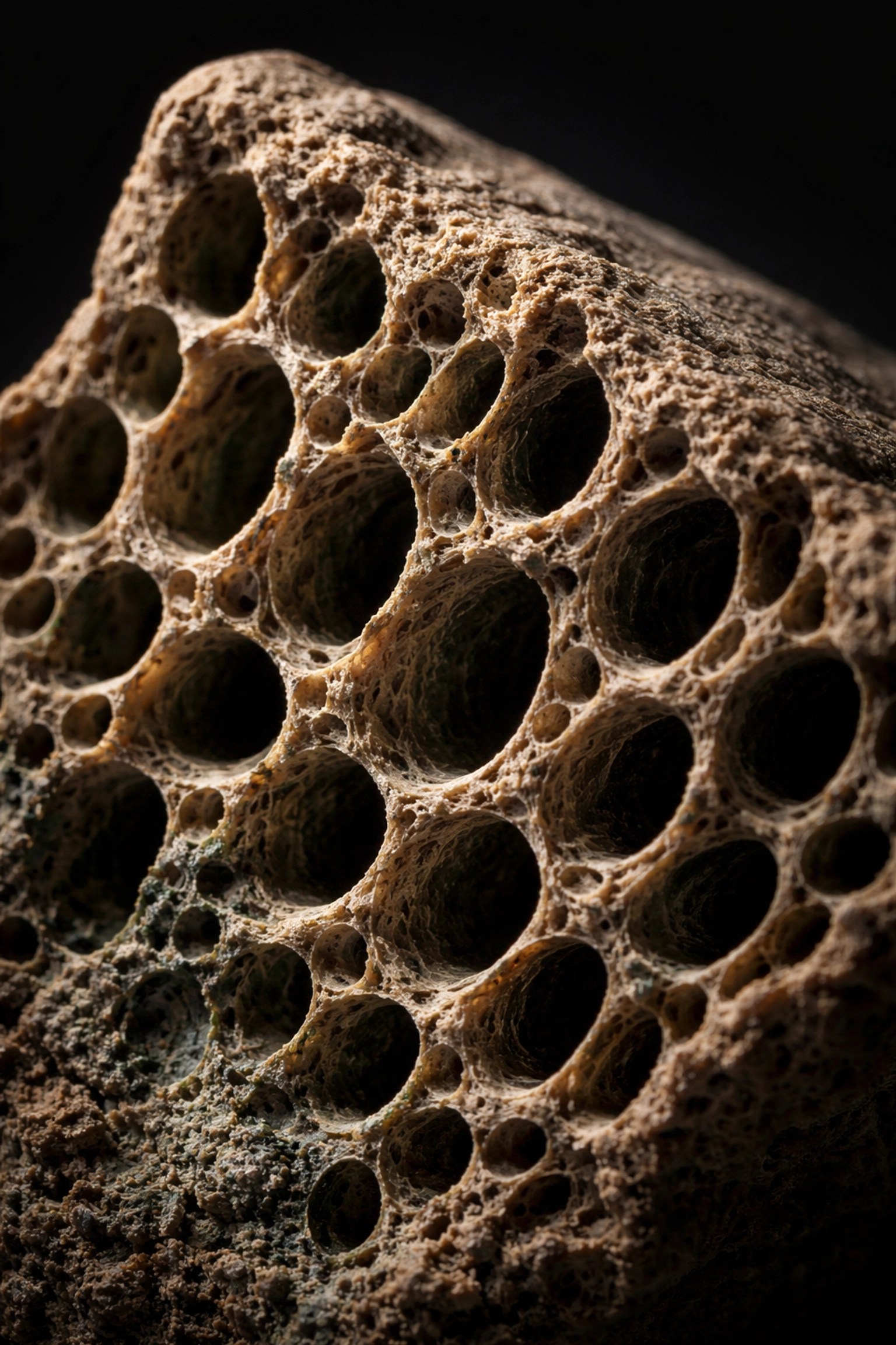 Close-up of porous clay cross-section highlighting filtration channels for microplastic removal.