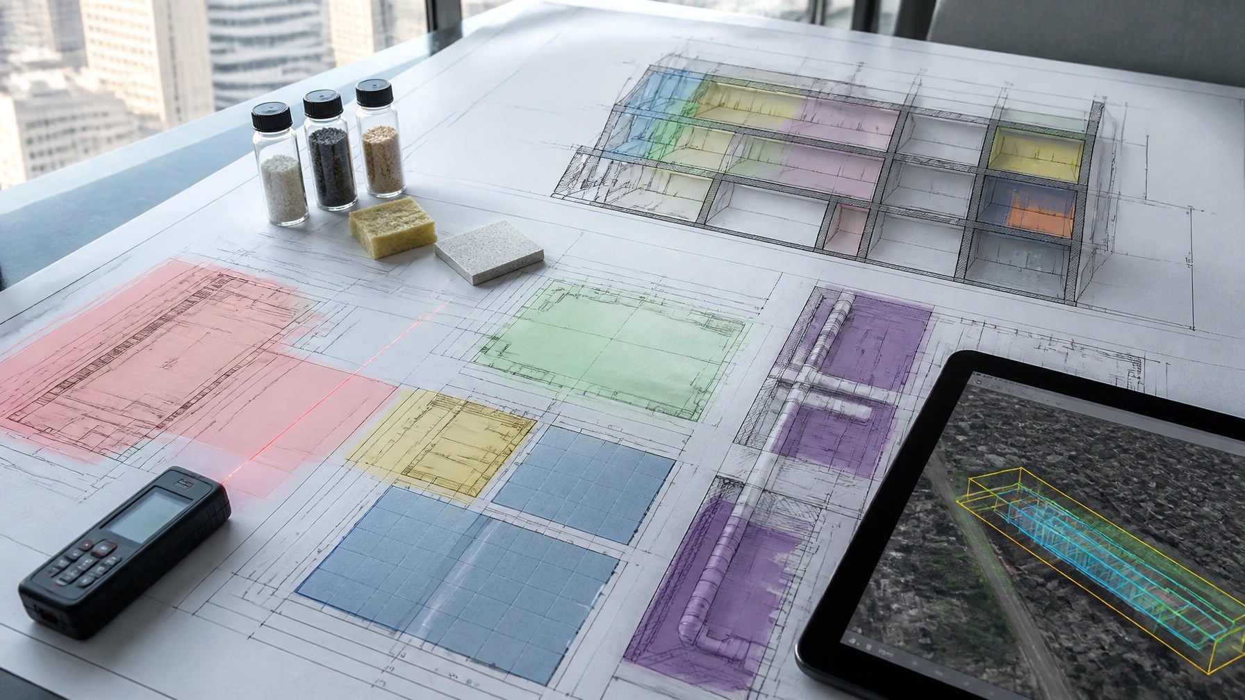 Technical asbestos survey floor plan showing homogeneous areas, sample locations, and inaccessible building spaces