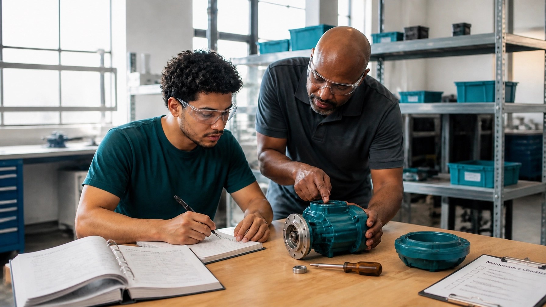 An adult apprentice receives practical instruction from a mentor while taking notes in a bright training environment