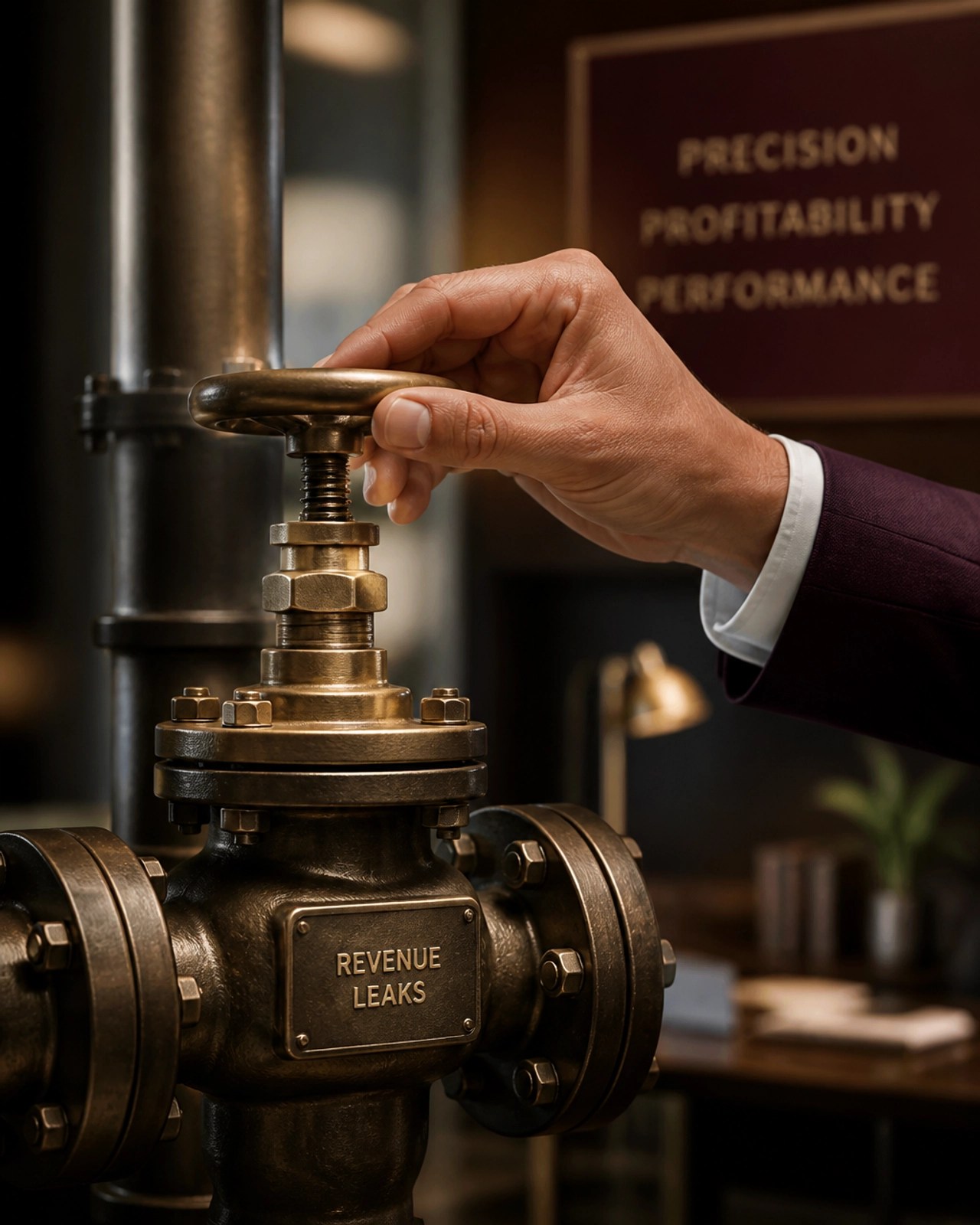 A high-end mechanical valve being precisely adjusted to symbolize fixing revenue leaks.