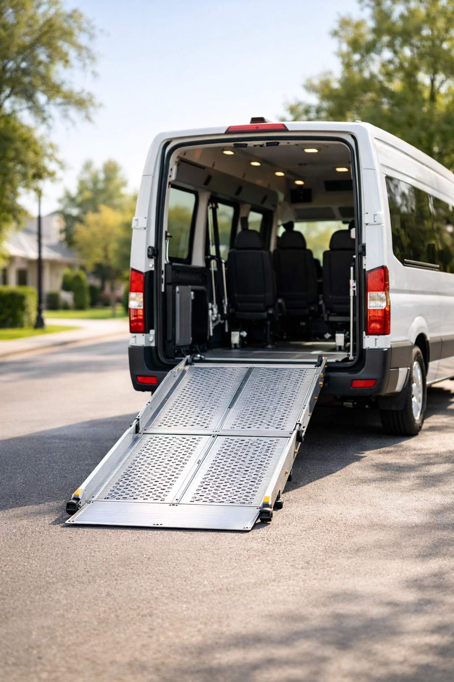 Specialized medical transport van with wheelchair ramp deployed for accessible rural patient travel.