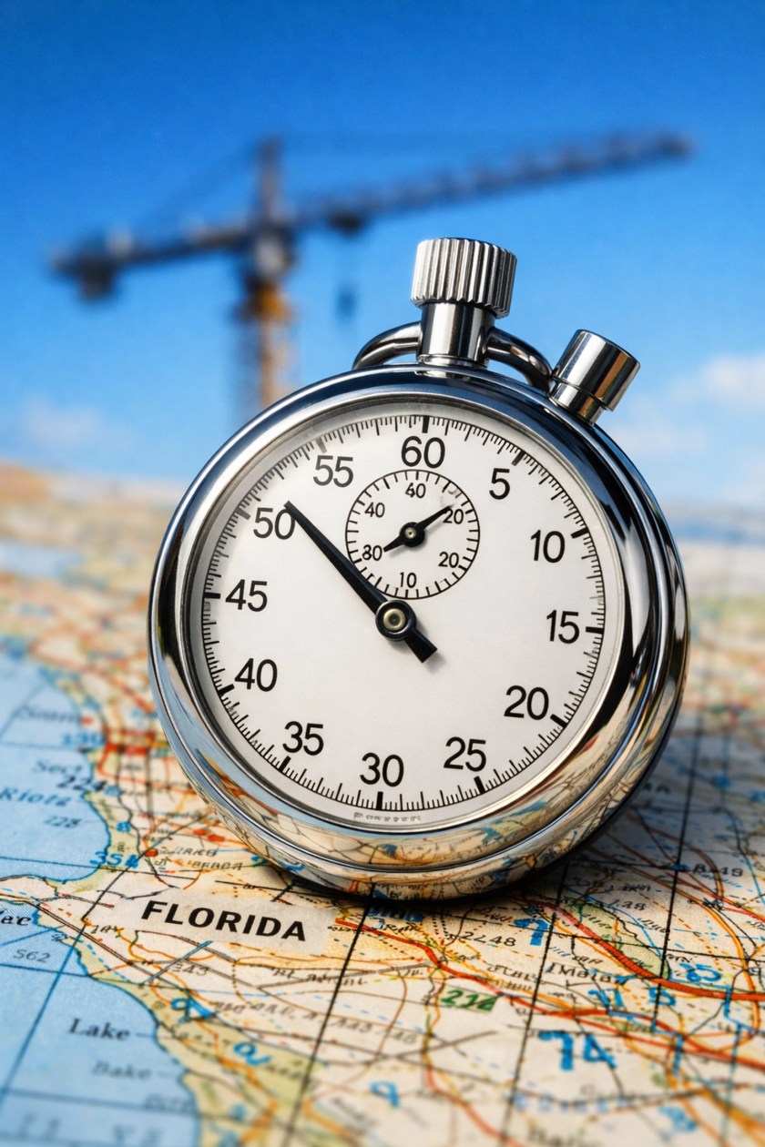 A stopwatch on a Florida land survey map representing streamlined environmental permit timelines.