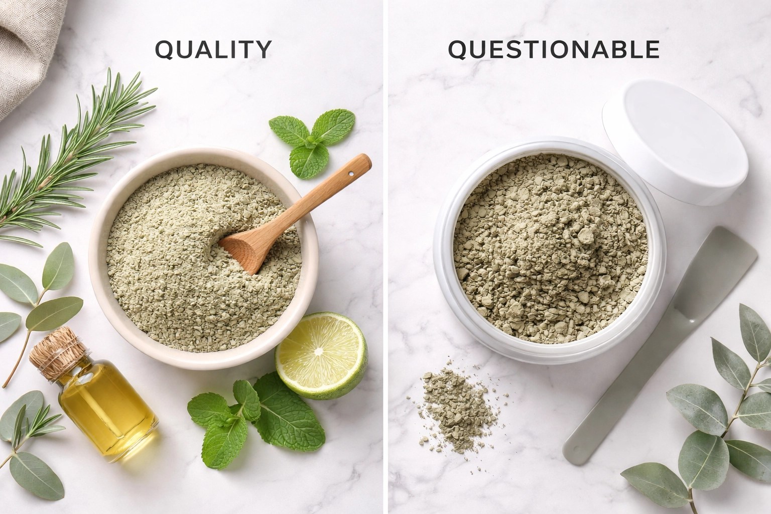 Comparing pure sun-dried green clay with lower quality clay products