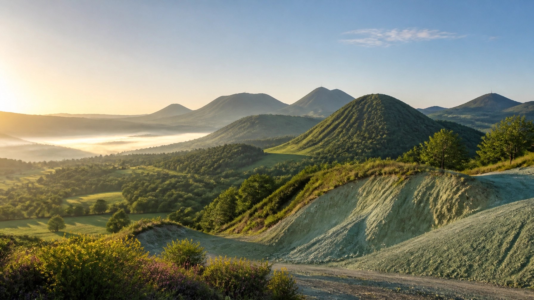 A serene view of the Auvergne volcanic region in France